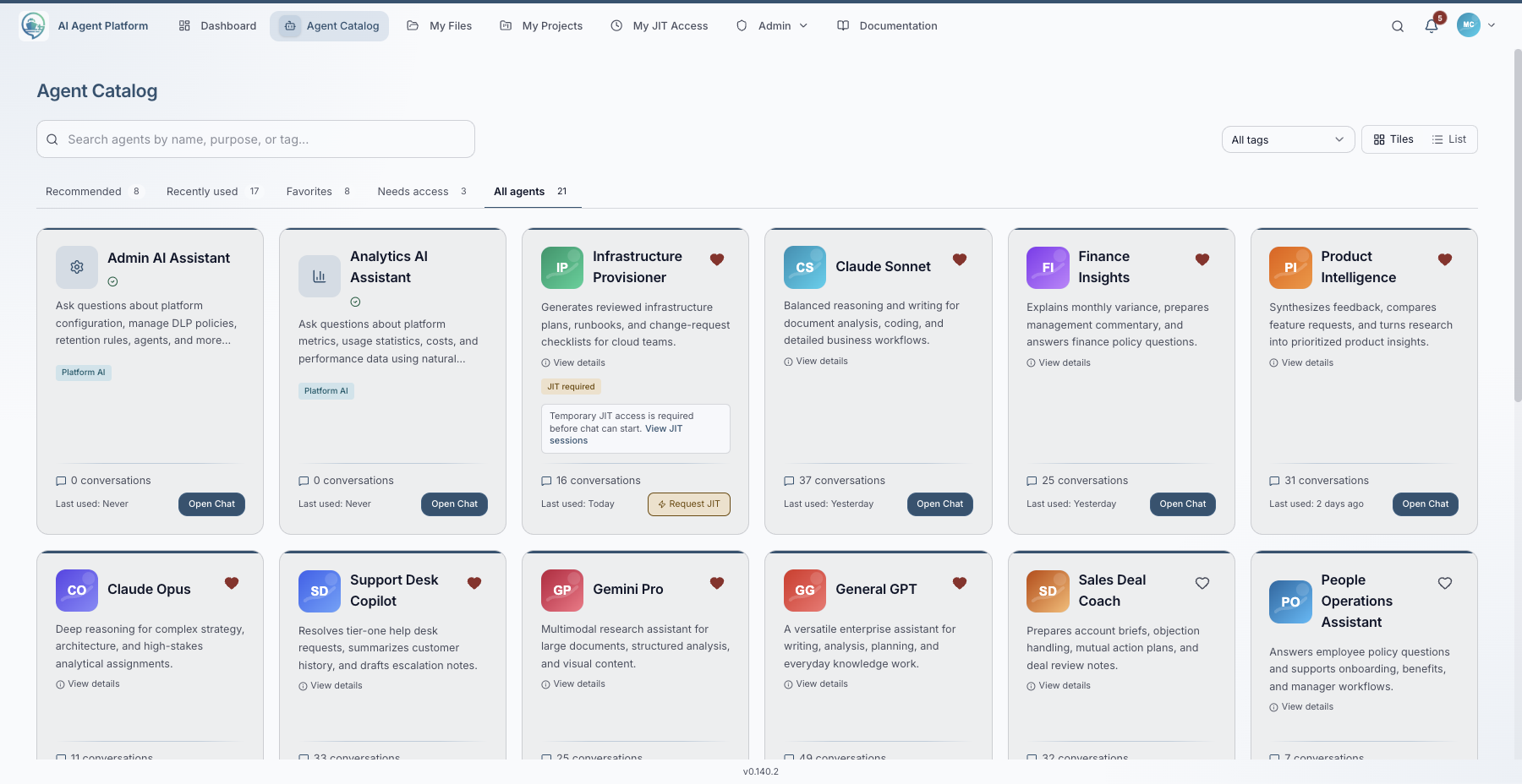 Pristan All Agents catalog showing 21 approved agents available to a user