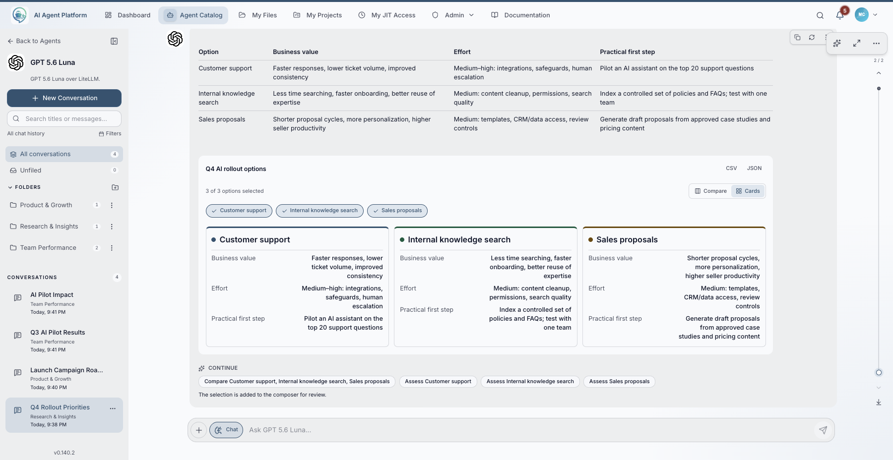 Pristan ExperienceAI comparison cards and contextual follow-up actions, with an open conversation sidebar and organized folders